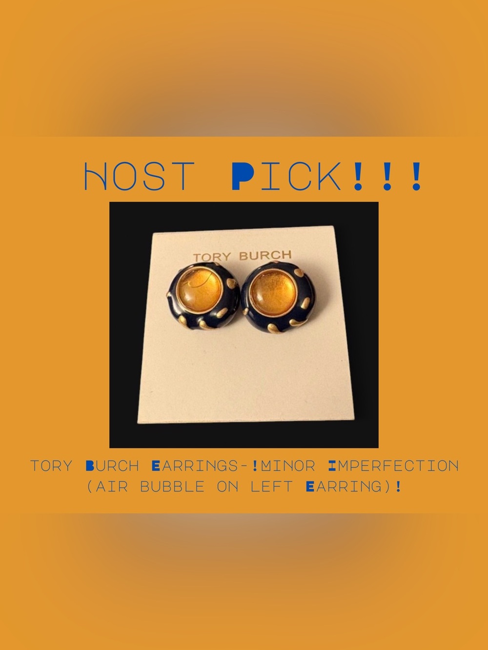 Tory Burch Navy & Gold Enamel Earrings -Polka Dot Statement Logo Chic